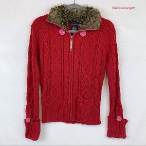 Zenana Outfitters Red Knit Faux Fur Trim Jacket!